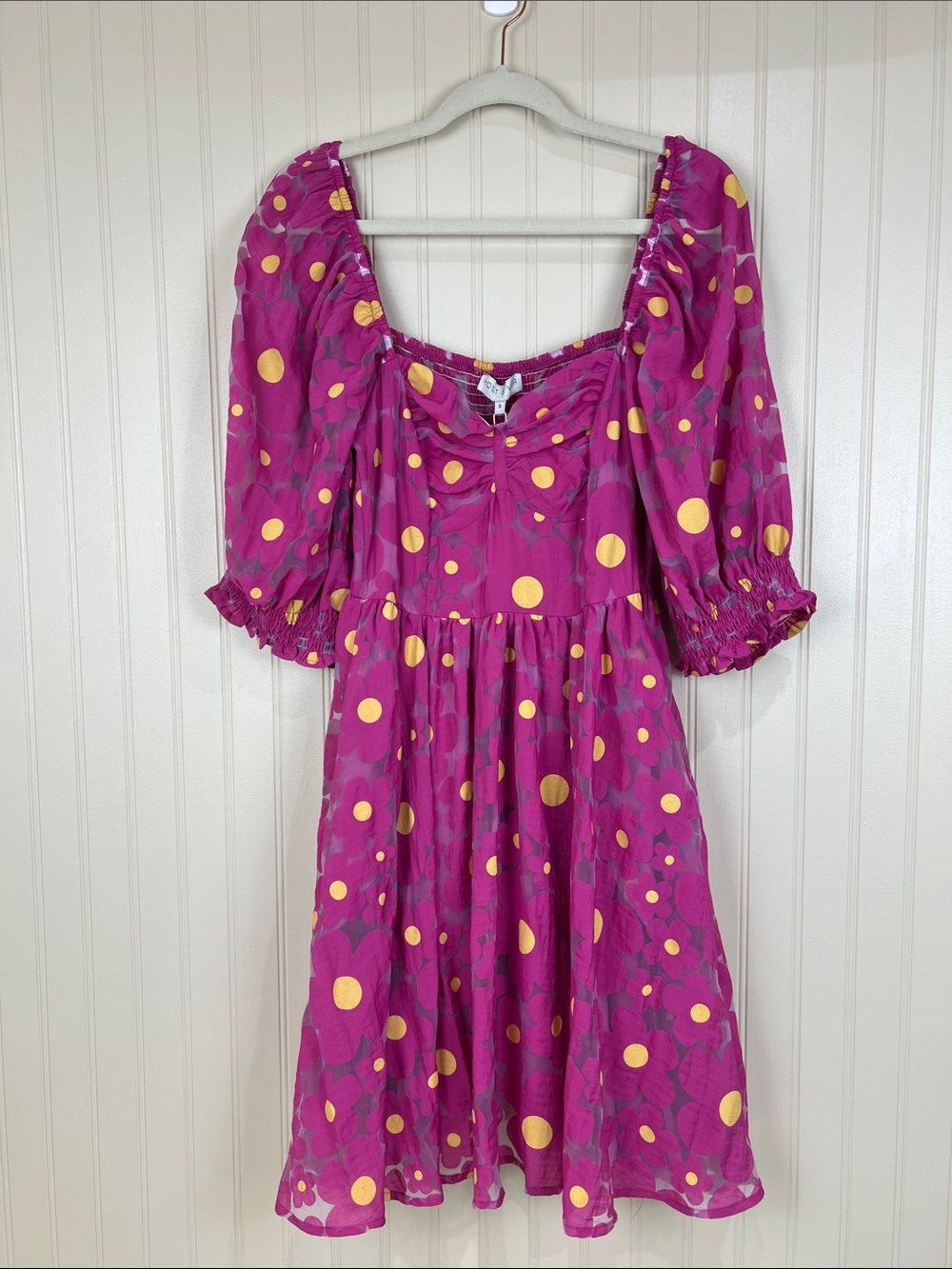HOST & VAR Alice Daisy Pink Floral Puff Sleeve Sweetheart Neckline Dress Small
